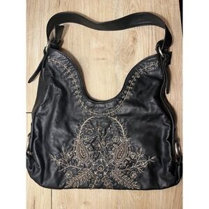 Mary Frances Black Leather Embroidered Paisley Beaded Hobo Bag Floral Lining